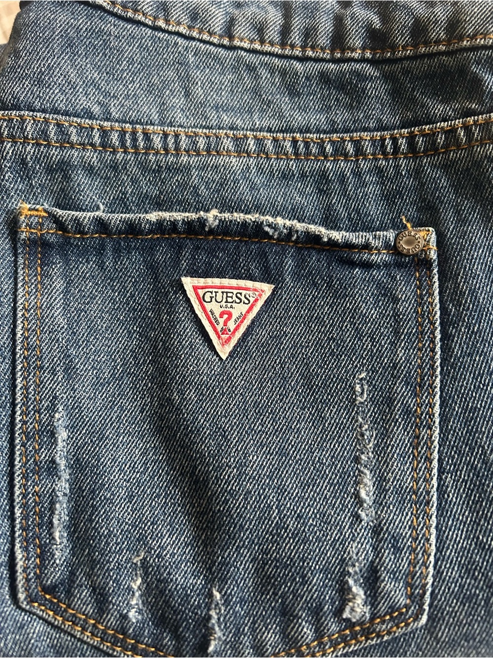 GUESS Men's Blue Denim Jeans with Red Logo Triangle